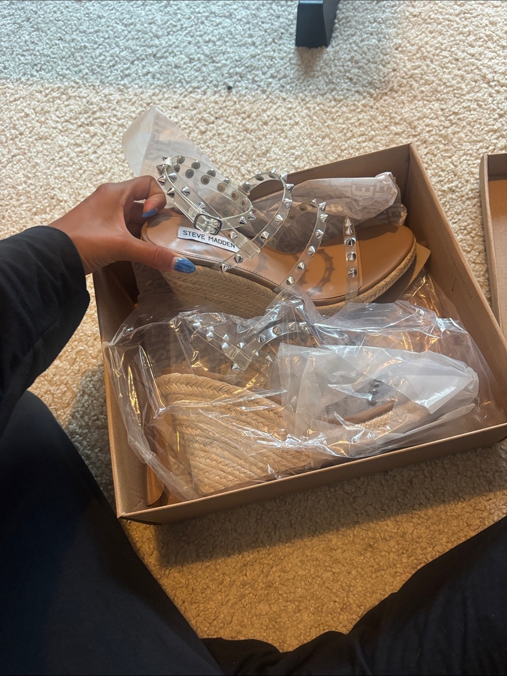 Steve Madden Natural Espadrille Wedge Sandals with Clear Studded Straps - Picture 3 of 5